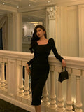 Stetnode Classy Sheath Square Neckline Black Prom Dresses Birthday Outfits Evening Gown SD937