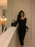 Stetnode Classy Sheath Square Neckline Black Prom Dresses Birthday Outfits Evening Gown SD937