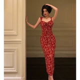 Stetnode Elegant Sheath Spaghetti Straps Red Floral Prom Dresses Birthday Outfits Evening Gown SD940