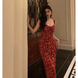 Stetnode Elegant Sheath Spaghetti Straps Red Floral Prom Dresses Birthday Outfits Evening Gown SD940