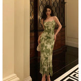 Stetnode Elegant Sheath Spaghetti Straps Floral Green Prom Dresses Birthday Outfits Evening Gown SD943