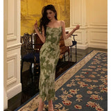 Stetnode Elegant Sheath Spaghetti Straps Floral Green Prom Dresses Birthday Outfits Evening Gown SD943