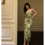 Stetnode Elegant Sheath Spaghetti Straps Floral Green Prom Dresses Birthday Outfits Evening Gown SD943