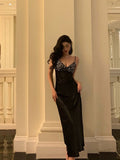 Stetnode Elegant Sheath Spaghetti Straps Black Satin Prom Dresses Birthday Outfits Evening Gown SD947