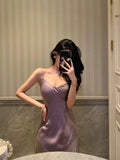 Stetnode Elegant Sheath Spaghetti Straps Lilac Long Satin Prom Dresses Birthday Outfits Evening Gown SD950