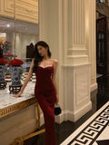 Stetnode Elegant Sheath Spaghetti Straps Red Velvet Prom Dresses Birthday Outfits Evening Gown SD951