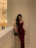 Stetnode Elegant Sheath Spaghetti Straps Red Velvet Prom Dresses Birthday Outfits Evening Gown SD951