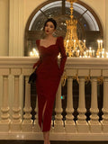 Stetnode Elegant Sheath Strapless Red Slit Prom Dresses Beads Birthday Outfits Evening Gown SD954