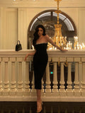 Stetnode Elegant Sheath Strapless Black Prom Dresses Beads Birthday Outfits Evening Gown SD962