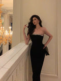 Stetnode Elegant Sheath Strapless Black Prom Dresses Beads Birthday Outfits Evening Gown SD962