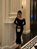 Stetnode Elegant Mermaid Off The Shoulder Long Sleeves Black Prom Dresses Birthday Outfits Evening Gown SD963