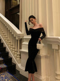 Stetnode Elegant Mermaid Off The Shoulder Long Sleeves Black Prom Dresses Birthday Outfits Evening Gown SD963