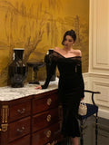 Stetnode Elegant Mermaid Off The Shoulder Long Sleeves Black Prom Dresses Birthday Outfits Evening Gown SD963