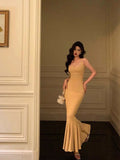 Stetnode Elegant Mermaid Spaghetti Straps Yellow Long Prom Dresses Birthday Outfits Evening Gown SD965