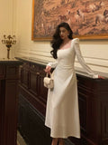 Stetnode Elegant A line Square Neckline Long Sleeves White Prom Dresses Birthday Outfits Evening Gown SD975