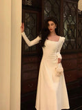 Stetnode Elegant A line Square Neckline Long Sleeves White Prom Dresses Birthday Outfits Evening Gown SD975