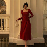 Stetnode Sexy A Line Square Neckline Red Velvet Prom Dresses Birthday Outfits Evening Gown SD979