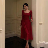 Stetnode Sexy A Line Square Neckline Red Velvet Prom Dresses Birthday Outfits Evening Gown SD979