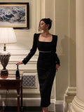 Stetnode Elegant Sheath Square Neckline Black Velvet Prom Dresses Birthday Outfits Evening Gown SD989