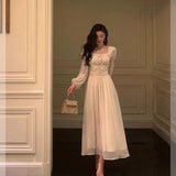 Stetnode Elegant A line Square Neckline Long Sleeves White Chiffon Prom Dresses Birthday Outfits Evening Gown SD992