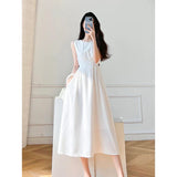 Stetnode 2024 Summer Women Sleeveless White Black Midi Dresses Hepburn Chic Elegant Casual Evening Party O-Neck Sundress Female Vestido