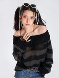 Stetnode Harajuku Y2k Punk Rock Zipper Sexy Off Shoulder Sweaters Women Gothic Black Grey Stripes Broken Hole Loose Knitted Jumpers