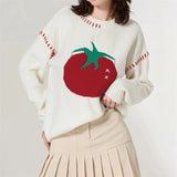 Stetnode Women Y2K Tomato Printed Pullover Sweater Top Oversized Fruit Graphic Long Sleeve Crew Neck Knit Sweater Fall Streetwear