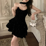 Stetnode  Off-shoulder Sexy Slim Sequins Velvet Black Party Dress Women 2024 Autumn New Korean Solid Color All Match Halter Mini Dress