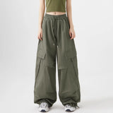 Stetnode Women Big Pockets Cargo Pants Y2k High Elastic Waist Drawstring Baggy Trousers Vintage Casual Loose Wide Leg Straight Pants