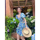 Stetnode Sweet Floral Dress Women Print Hollow Out Bandage Bow A Line Mini Dresses Korean Vintage Square Neck Puff Sleeve Vestidos