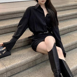 Stetnode  Polo Collar Sexy Slim Black Long-sleeved Dress Women 2024 Spring New High Street Fashion All Match Mini Dress with Belt