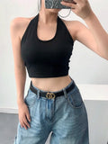 Stetnode Solid Color Sexy Halter Top Women Sleeveless Hanging Neck Crop Tops Casual Basic Slim Backless Tank Top Female Summer