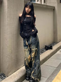 Stetnode American Retro Tassel Ripped Straight Jeans Baggy Pants Stylish High Street Straight Jeans Harajuku Style Hip Hop Y2k Jeans