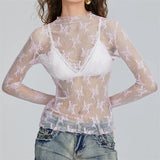 Stetnode Chic Floral Lace Sheer Tops Women Long Sleeve Mock Neck Mesh Layering Top Sexy See Through Y2k Floral Tee Shirts Street Blouse