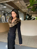 Stetnode American V-neck Leopard Print Fur Collar Cardigan Autumn Winter New Sweaters Coat Women Y2k Slim Fit Long Sleeve Tops Mujer