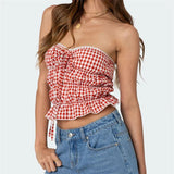 Stetnode Women Red Gingham Pattern Tube Tops  Lace Trim Front Tie Up Strapless Open Back  Crop Tops Y2k Bandeau Slim Fit Cropped Tanks