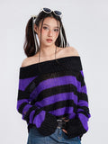 Stetnode Harajuku Y2k Punk Rock Zipper Sexy Off Shoulder Sweaters Women Gothic Black Grey Stripes Broken Hole Loose Knitted Jumpers