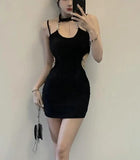 Stetnode Spring Outfit Summer Black Hollowed Out Elegant Chain Sexy Halter Mini Dress For Women Off-shoulder Backless Bodycon Club Party Wrap Hip Dress