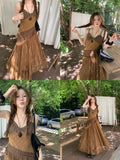 Stetnode Spring Outfit Korean style Ethnic Irgular Spaghettic Strap Fairy Boho Hippie Dress Women Tassel Mesh Stitching Spice Summer Beach Slim Dress