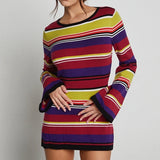 Stetnode Sexy Backless Tie-up Long Sleeve Dress Chic Women Elegant Lady Knitted Striped Mini Dress Summer Beach Holiday Club Party