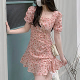 Stetnode Spring Outfit 1pc Sweet Fragment Floral Dress Shirr Sweet Ruffle Dress Puff Sleeve Girls Summer Short Dress Fashion Sexy Slim Mini Lace Dress