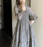 Stetnode Spring Outfit Spring Autumn Vintage Gray Elegant Square Neck Ruffles Pleated Dress Women Long Sleeve Holiday Party Long Dress Robe Popular New