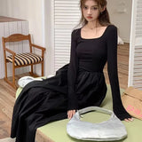 Stetnode Autumn Long Sleeve Black Dress Women Korean Elegant Slim Square Collar Midi Dress Female Hepburn Style All-Match A Line Dress