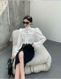 Stetnode Elegant Stand Collar Fungus Bow Letter Print Blouses 2024 Autumn Winter New Shirts Women Y2k Long Sleeve White Blusas Mujer