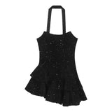 Stetnode  Off-shoulder Sexy Slim Sequins Velvet Black Party Dress Women 2024 Autumn New Korean Solid Color All Match Halter Mini Dress