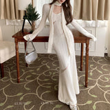 Stetnode  V-neck Mesh Splicing Hollow Sexy Long-sleeved Dress Women 2024 Spring New Korean Solid Color Elegant Knitted Dress with Scarf