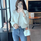 Stetnode Korean Fashion Tweed Cropped Jackets for Women 2024 Spring Round Neck Chic Coat Woman Beige Single-Breasted Jacket Female