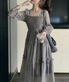 Stetnode Spring Outfit Spring Autumn Vintage Gray Elegant Square Neck Ruffles Pleated Dress Women Long Sleeve Holiday Party Long Dress Robe Popular New