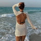 Stetnode Vintage Crochet Flower Hollow Out Dress Cover-Ups Chic Women Sexy Knit Backless Tie-up Mini Dress Summer Beach Holiday Bodycon