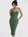 Stetnode Elegant Vintage Green Lace Midi Birthday Party Dresses Luxury Spaghetti Strap Evening Cocktail Dress Women 2024 Summer